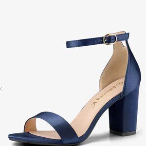 Allegra K Sandals Womens 7 Blue Satin Block Heel Open Toe Adjustable Ankle Strap